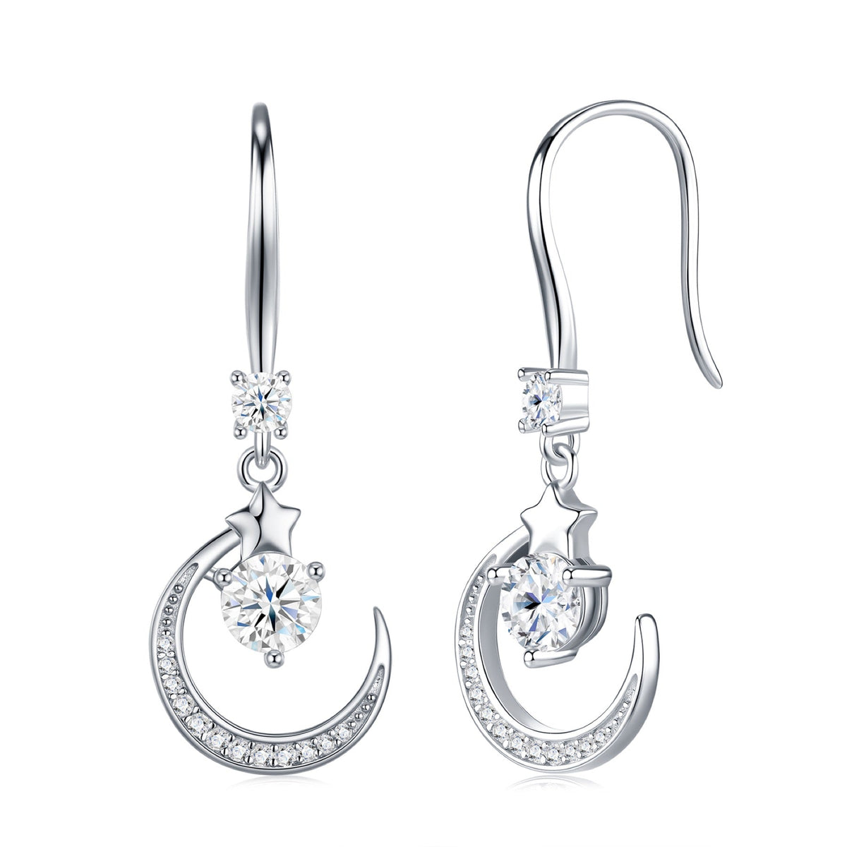 Lunette Moissanite Crescent Drop Earrings in Sterling Silver