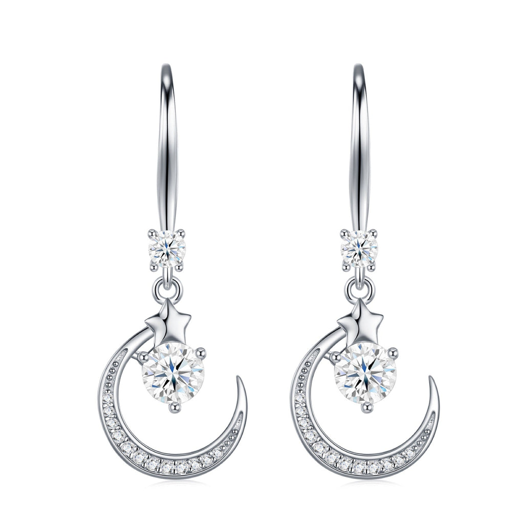 Lunette Moissanite Crescent Drop Earrings in Sterling Silver