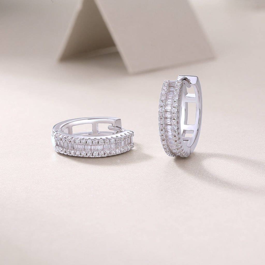 Prism Moissanite Baguette Huggie Hoop Earrings in Sterling Silver