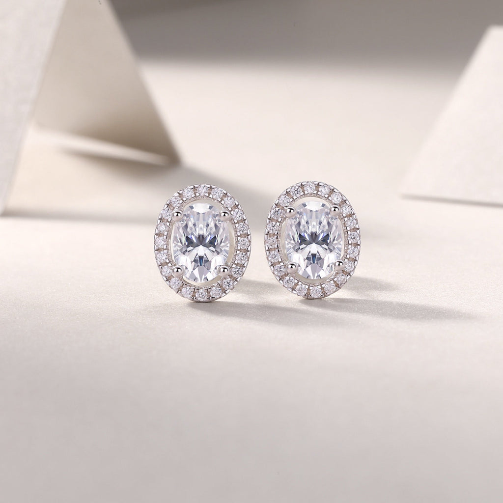 Ovation Moissanite Oval Halo Stud Earrings in Sterling Silver