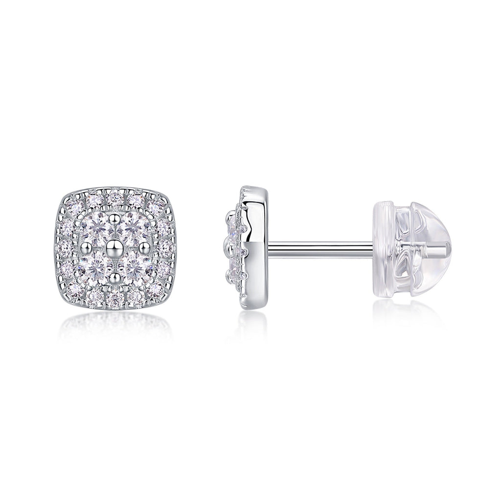 Cube Moissanite Halo Stud Earrings in Sterling Silver