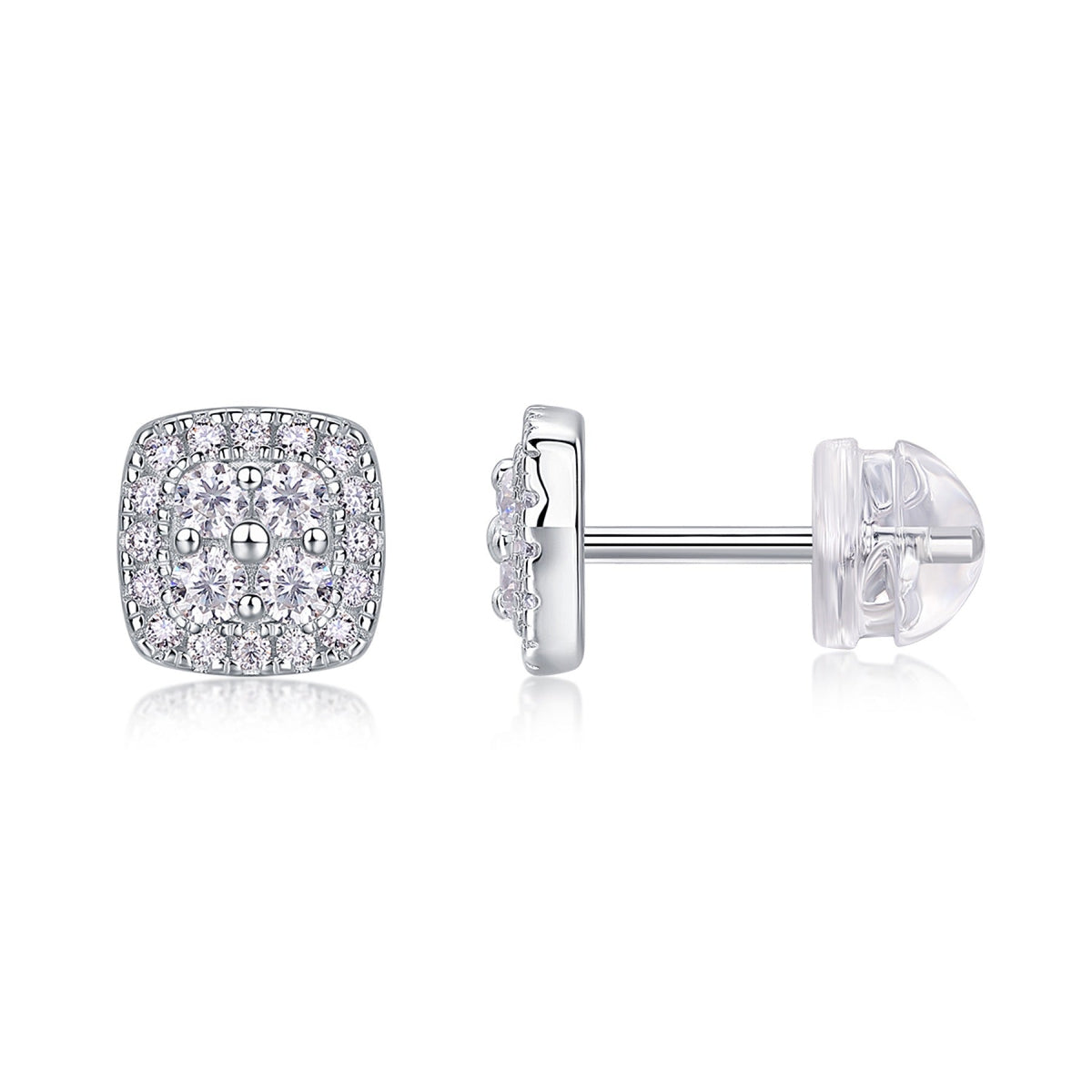 Cube Moissanite Halo Stud Earrings in Sterling Silver