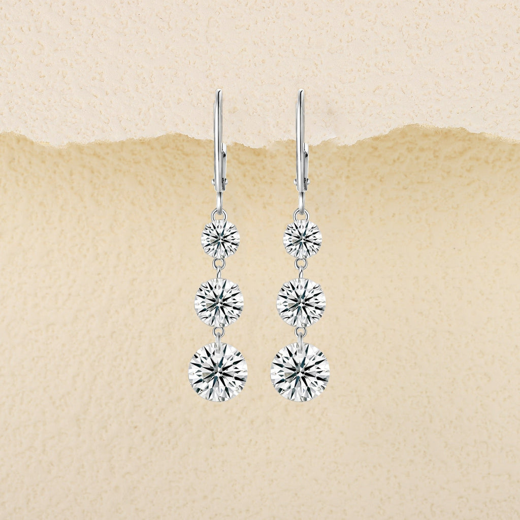 Graduate Moissanite Three-Stone Drop Earrings in Sterling Silver