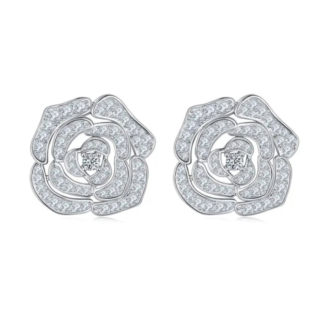 Camellia Moissanite Flower Stud Earrings in Sterling Silver
