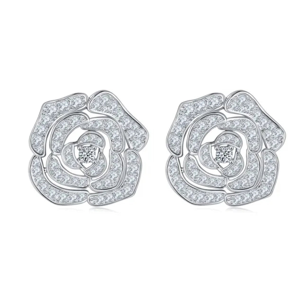 Camellia Moissanite Flower Stud Earrings in Sterling Silver