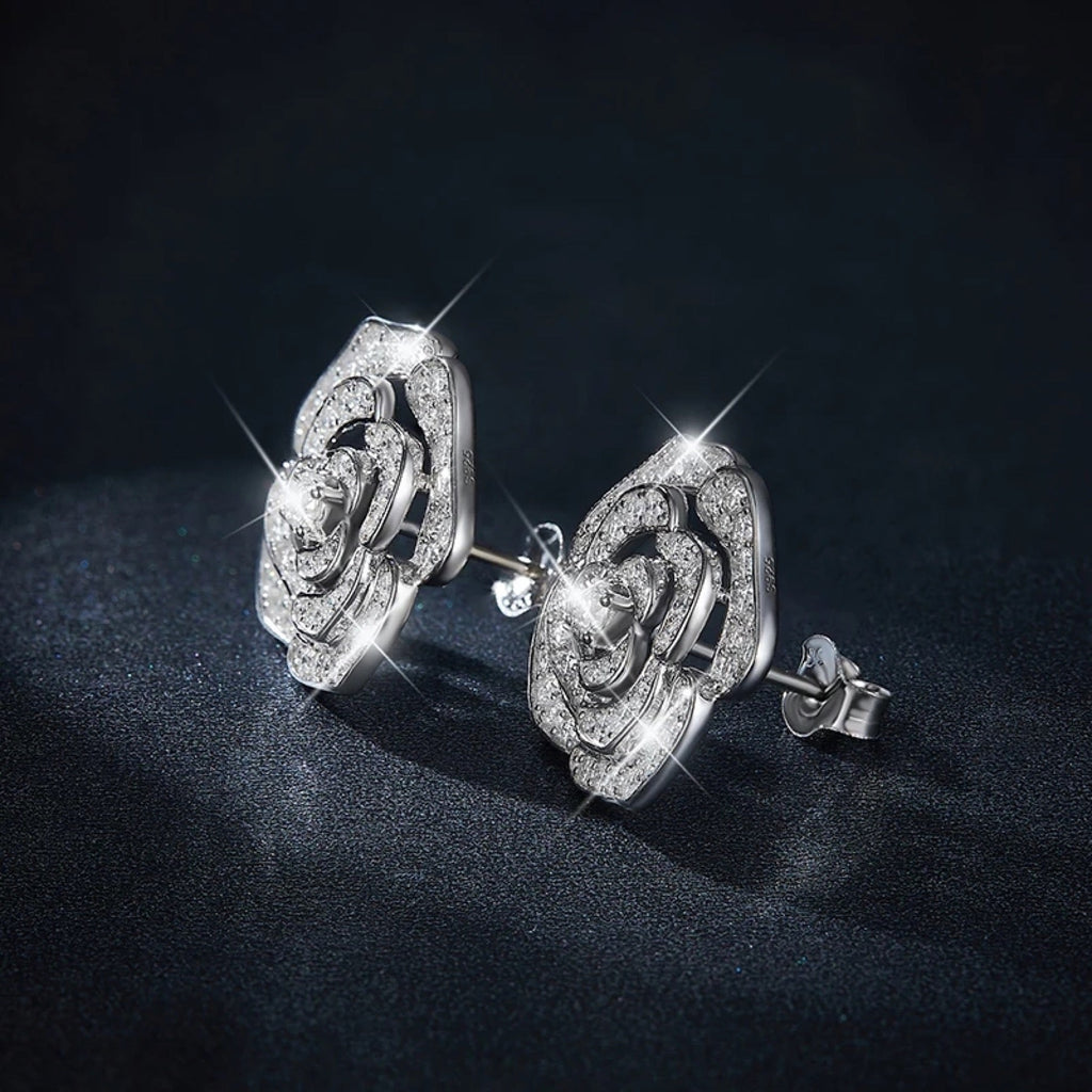 Camellia Moissanite Flower Stud Earrings in Sterling Silver