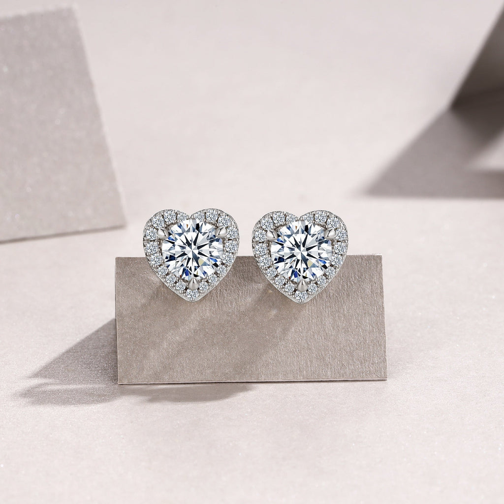 Adora Moissanite Heart Halo Stud Earrings in Sterling Silver