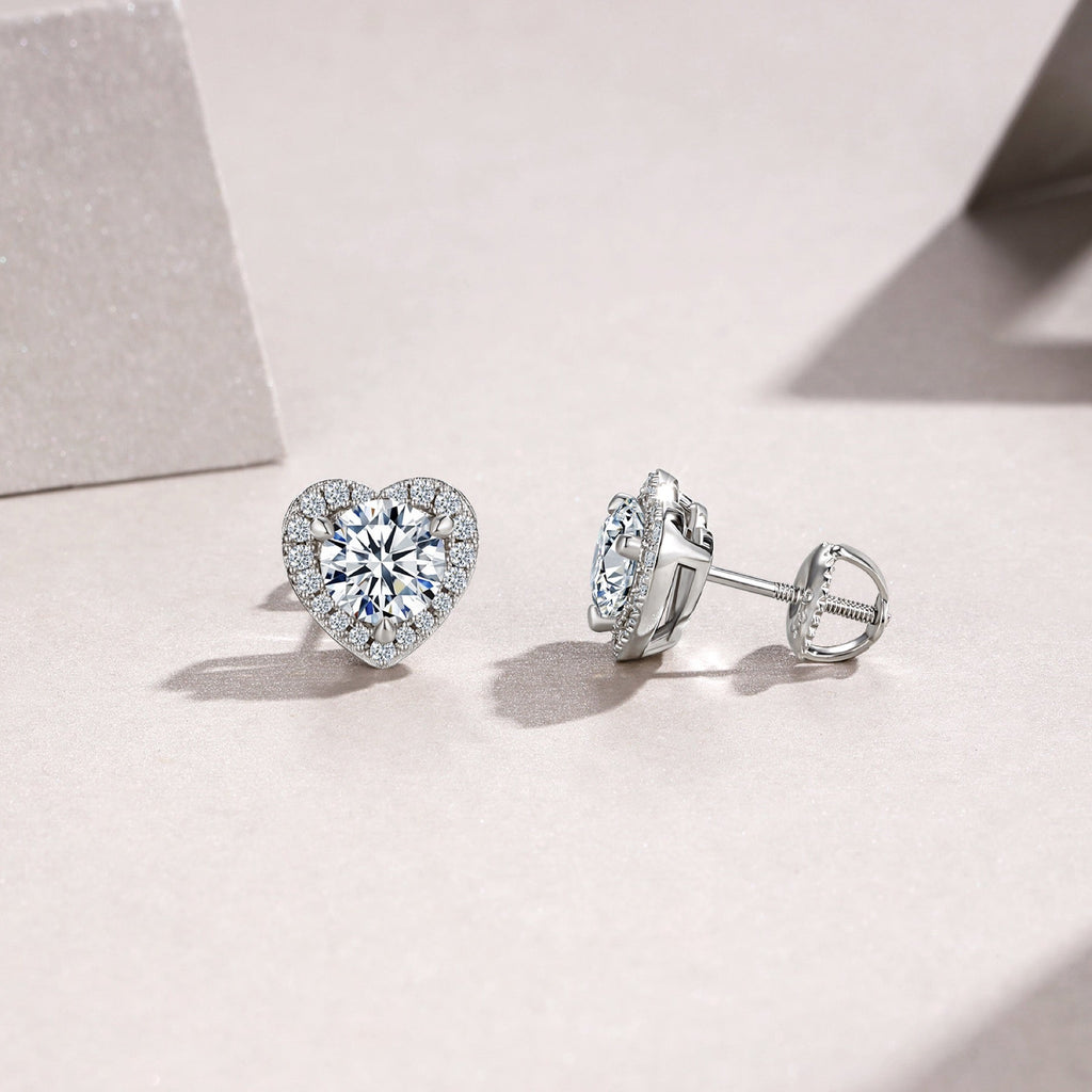Adora Moissanite Heart Halo Stud Earrings in Sterling Silver