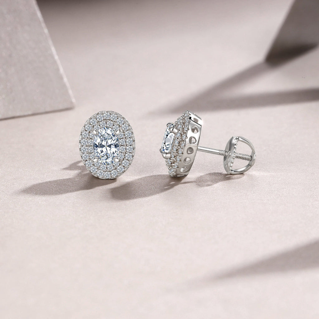 Olivia Moissanite Oval Halo Stud Earrings in Sterling Silver