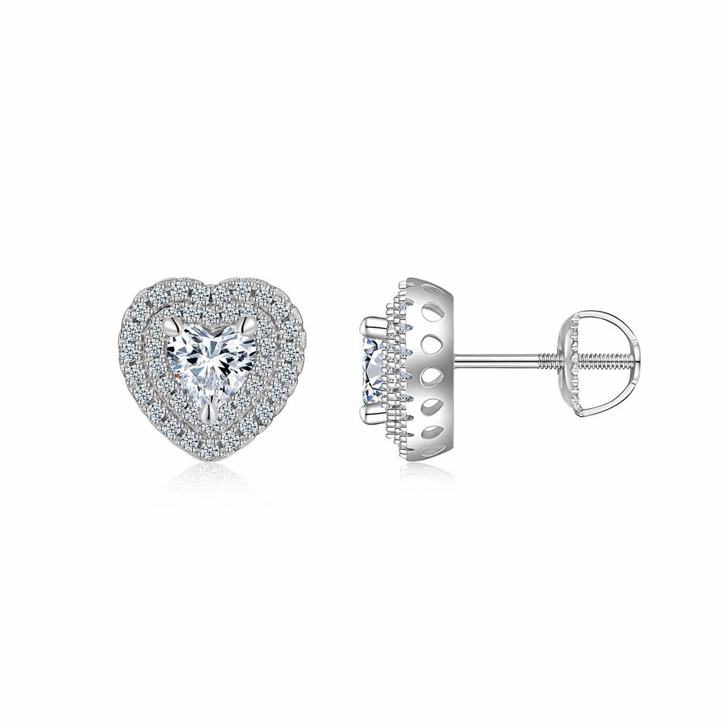 Cherie Moissanite Heart Halo Stud Earrings in Sterling Silver