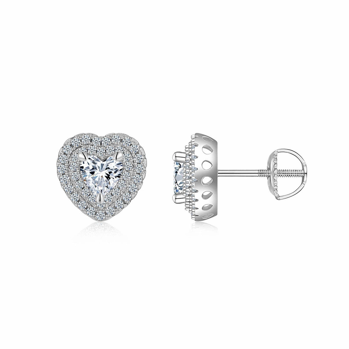 Cherie Moissanite Heart Halo Stud Earrings in Sterling Silver