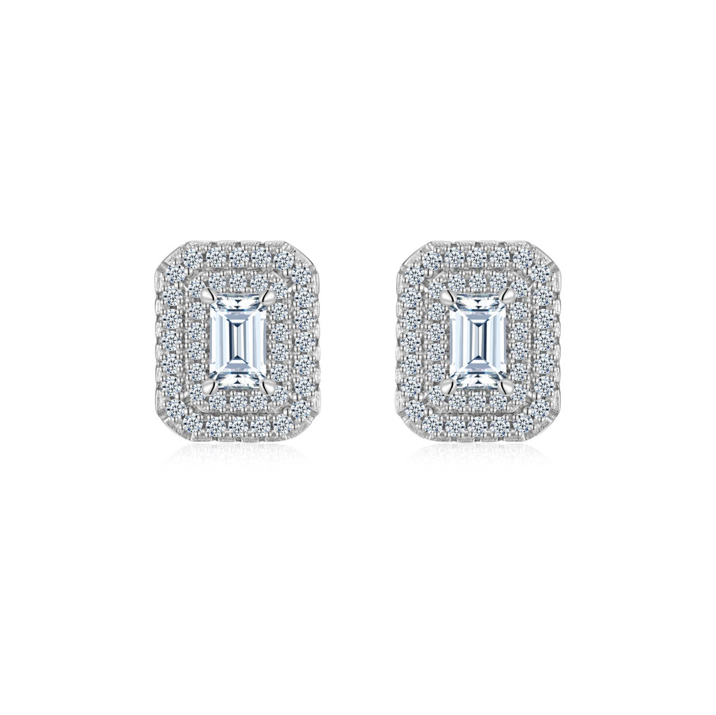 Emeraude Moissanite Emerald Halo Stud Earrings in Sterling Silver