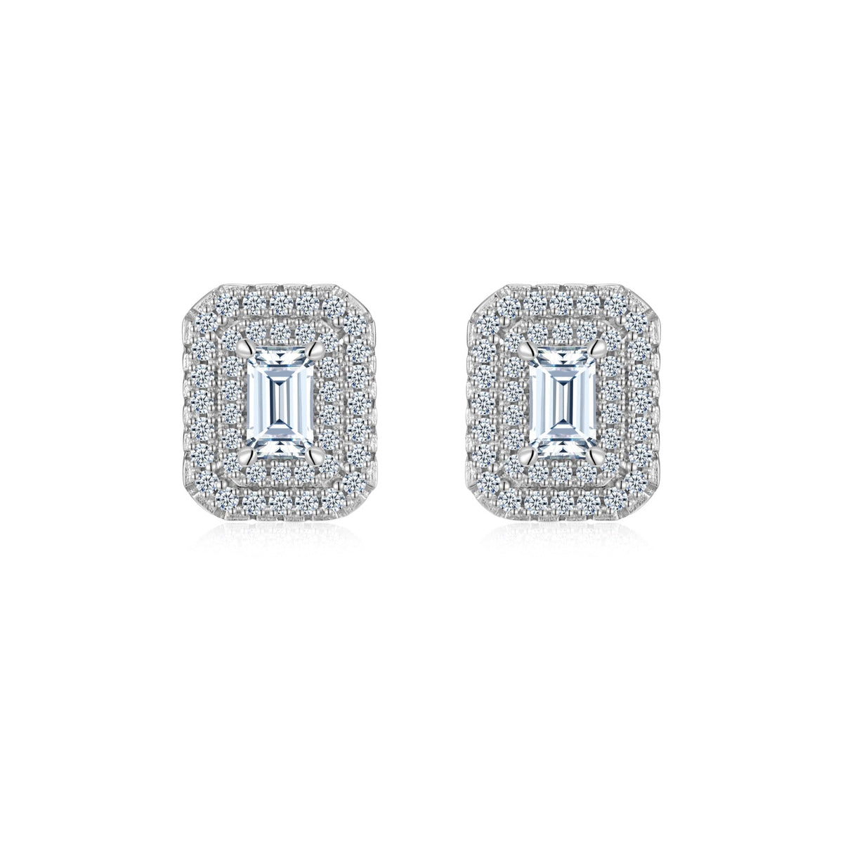 Emeraude Moissanite Emerald Halo Stud Earrings in Sterling Silver