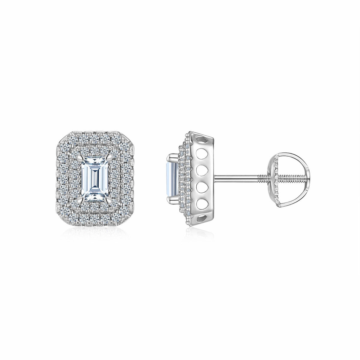 Emeraude Moissanite Emerald Halo Stud Earrings in Sterling Silver