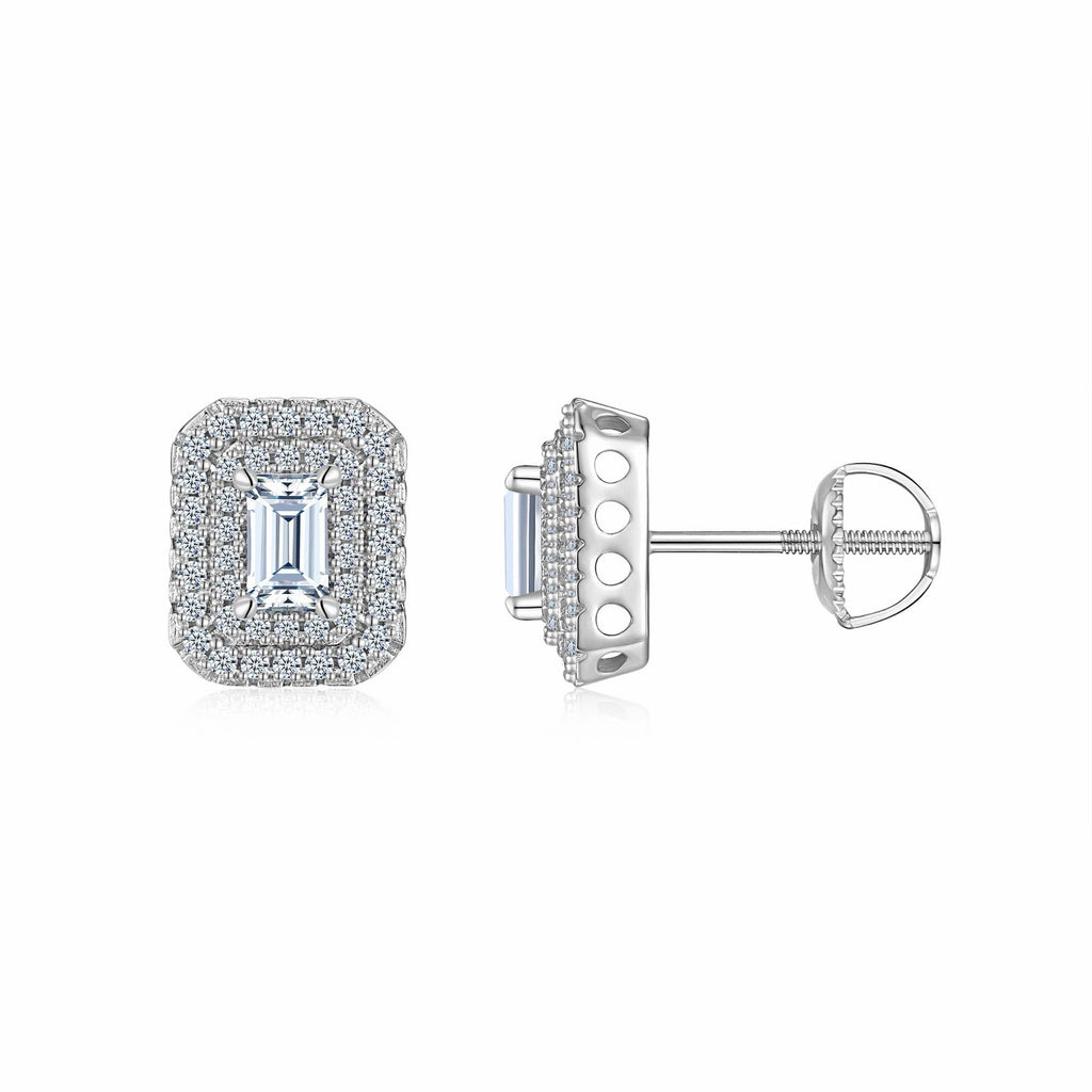 Emeraude Moissanite Emerald Halo Stud Earrings in Sterling Silver