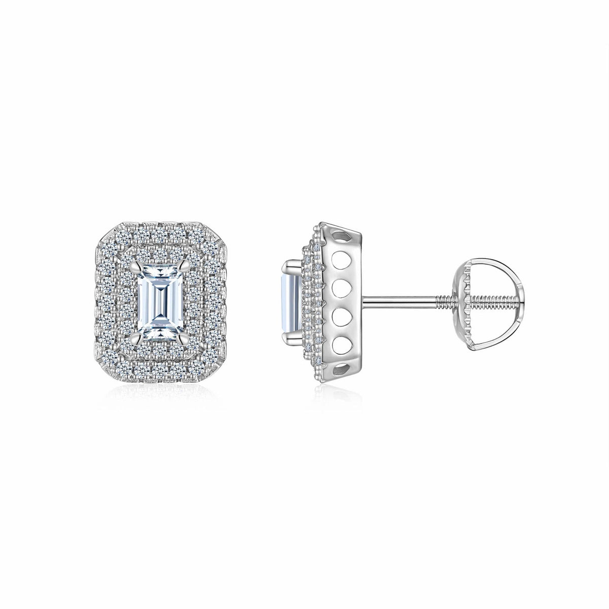 Emeraude Moissanite Emerald Halo Stud Earrings in Sterling Silver