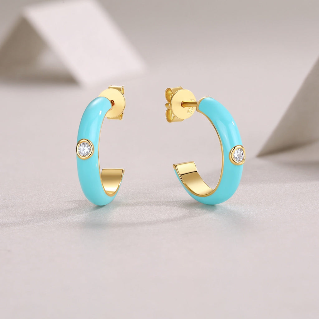 Azur Moissanite Enamel Hoop Earrings in Gold-Tone Sterling Silver