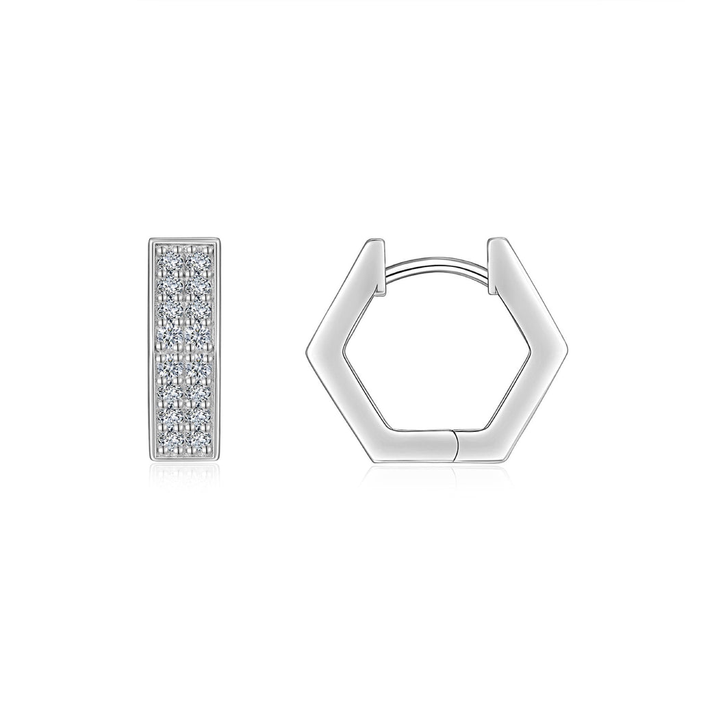 Honeycomb Moissanite Hexagon Huggie Hoop Earrings in Sterling Silver