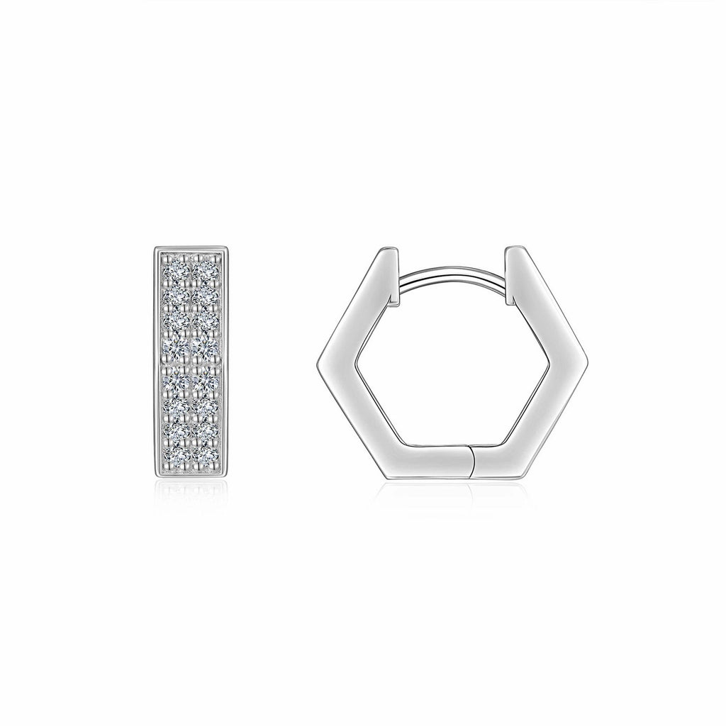 Honeycomb Moissanite Hexagon Huggie Hoop Earrings in Sterling Silver