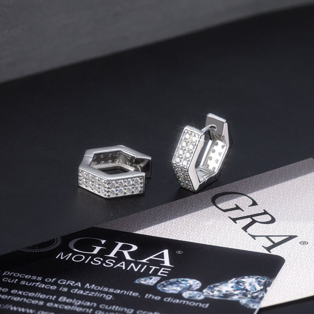 Honeycomb Moissanite Hexagon Huggie Hoop Earrings in Sterling Silver