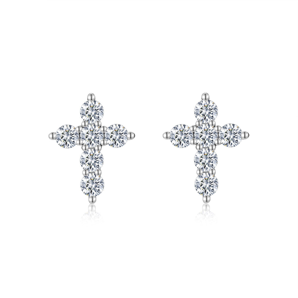Faith Moissanite Cross Stud Earrings in Sterling Silver