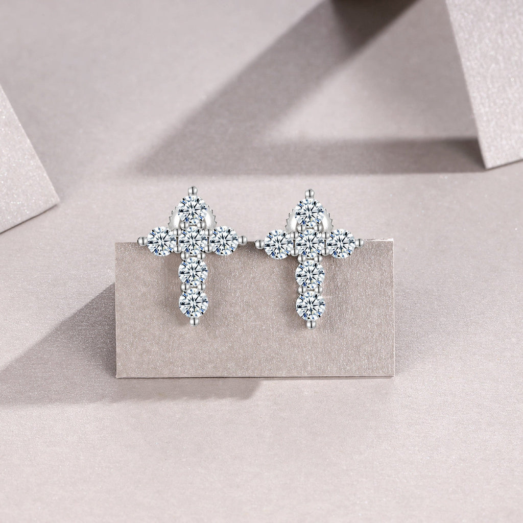 Faith Moissanite Cross Stud Earrings in Sterling Silver
