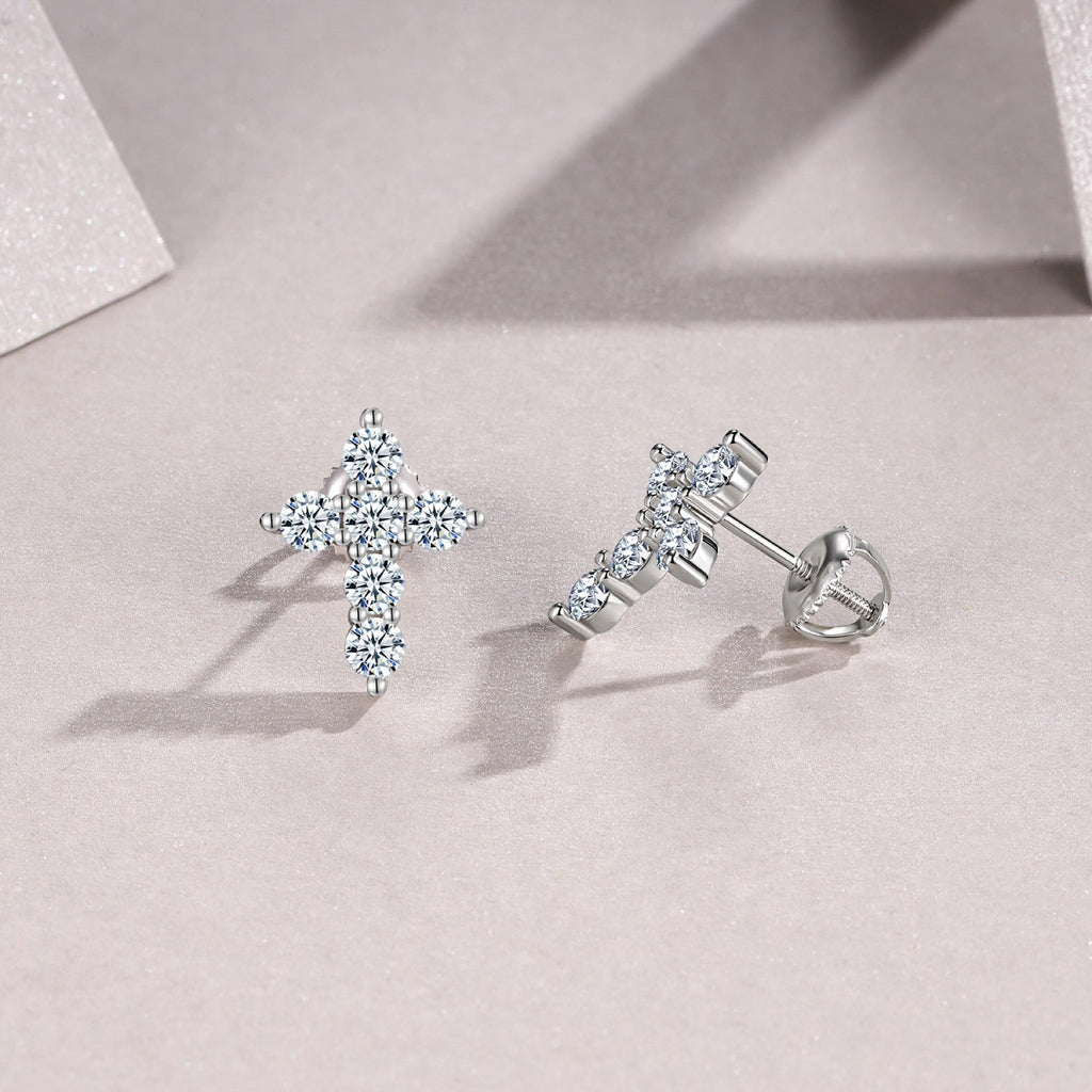 Faith Moissanite Cross Stud Earrings in Sterling Silver
