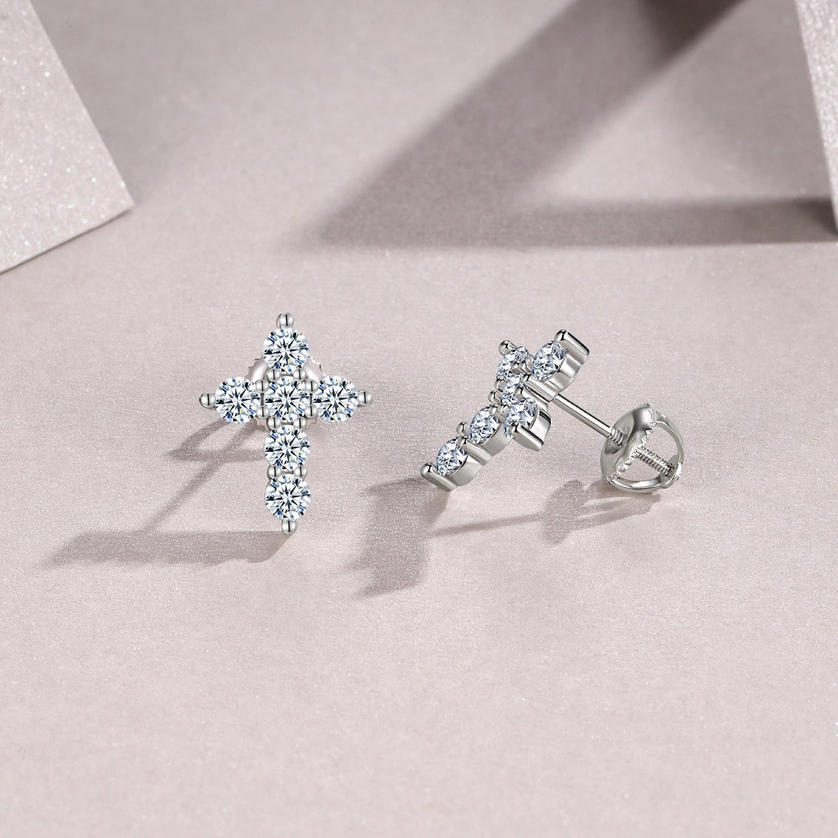 Faith Moissanite Cross Stud Earrings in Sterling Silver