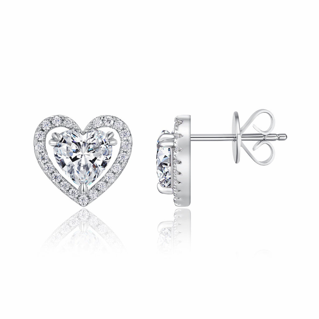 Amorina Moissanite Heart Halo Stud Earrings in Sterling Silver