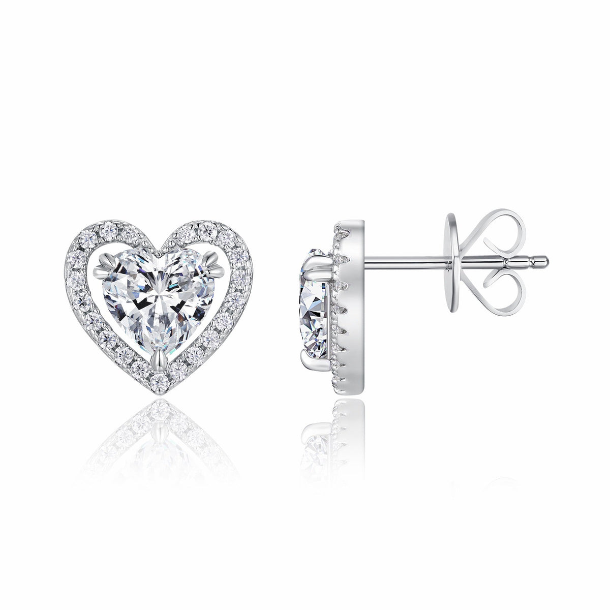 Amorina Moissanite Heart Halo Stud Earrings in Sterling Silver