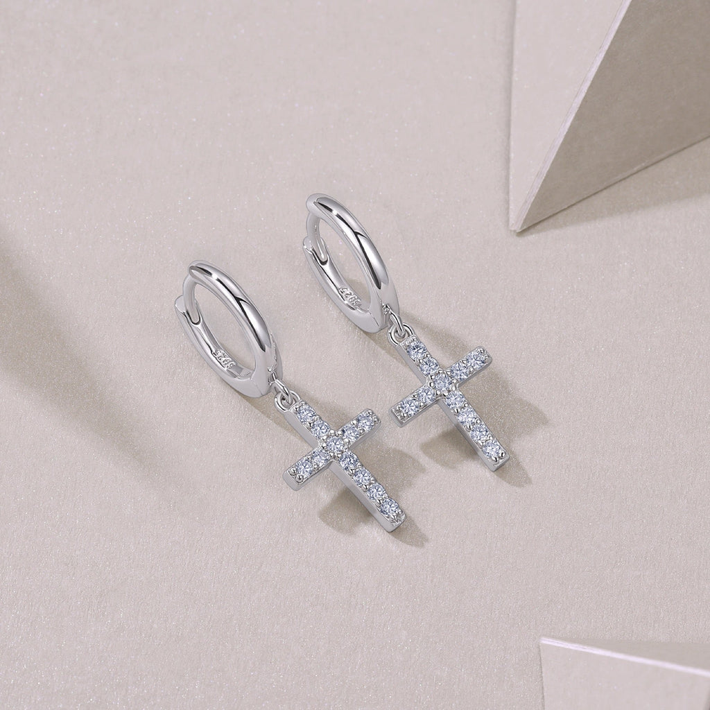 Crocetta Moissanite Cross Drop Earrings in Sterling Silver