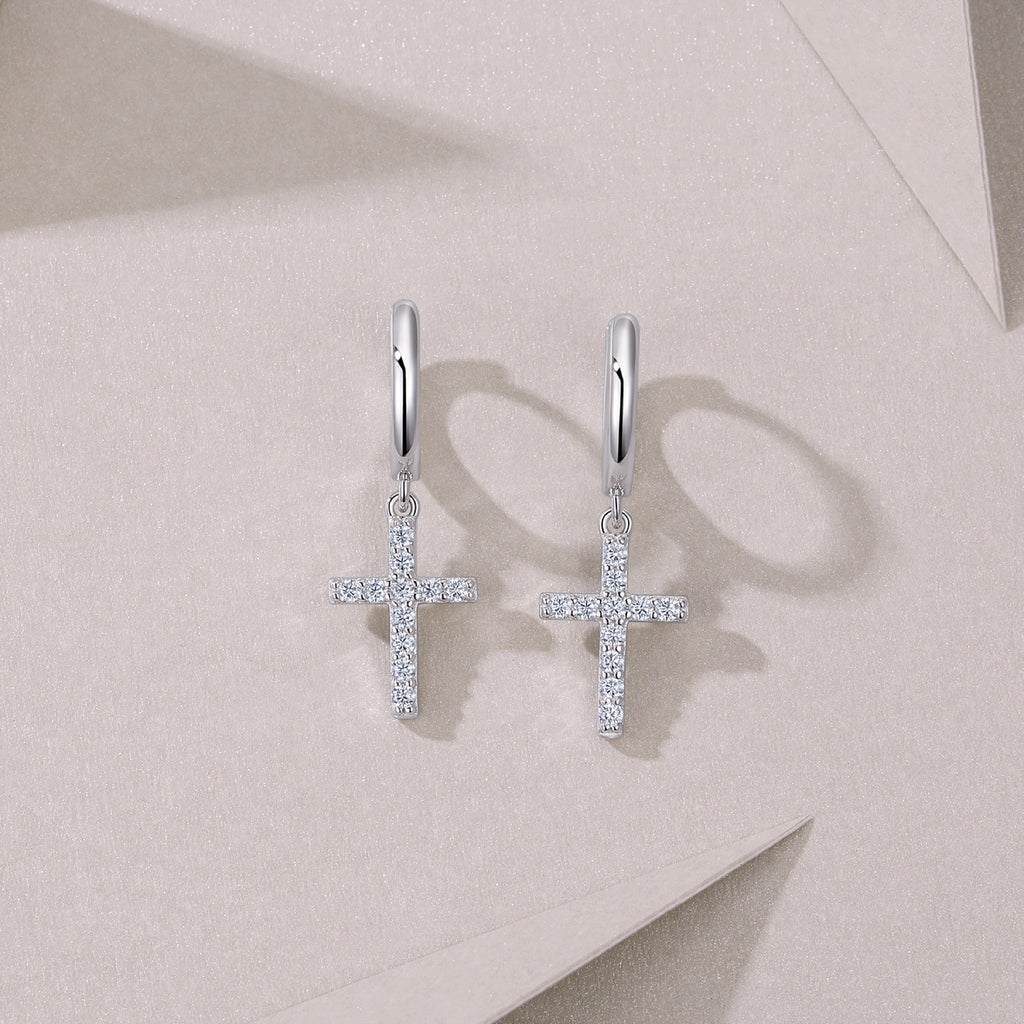 Crocetta Moissanite Cross Drop Earrings in Sterling Silver