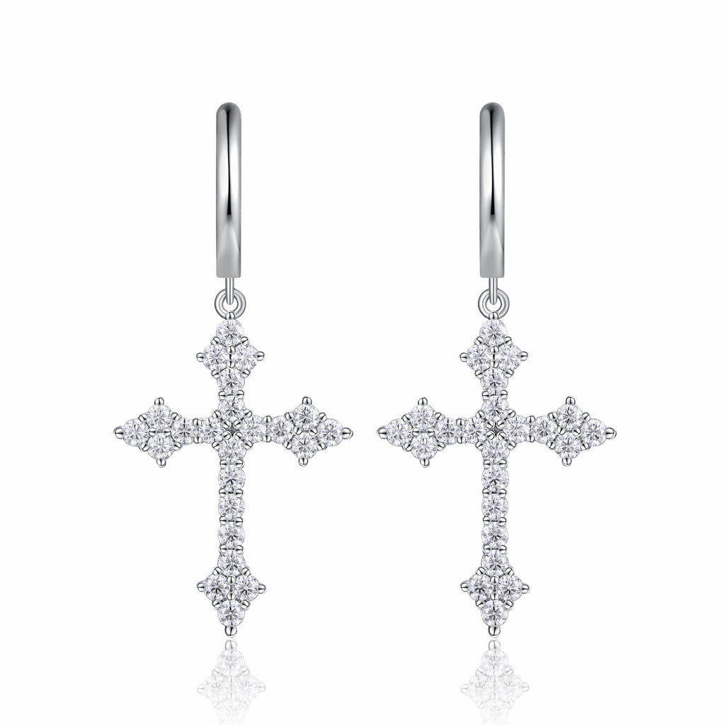 Reliqua Moissanite Cross Drop Earrings in Sterling Silver