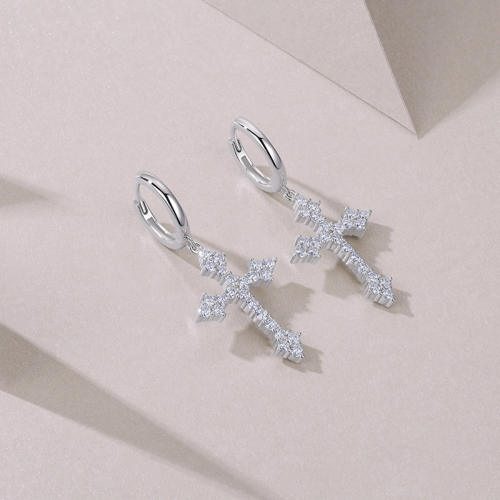 Reliqua Moissanite Cross Drop Earrings in Sterling Silver