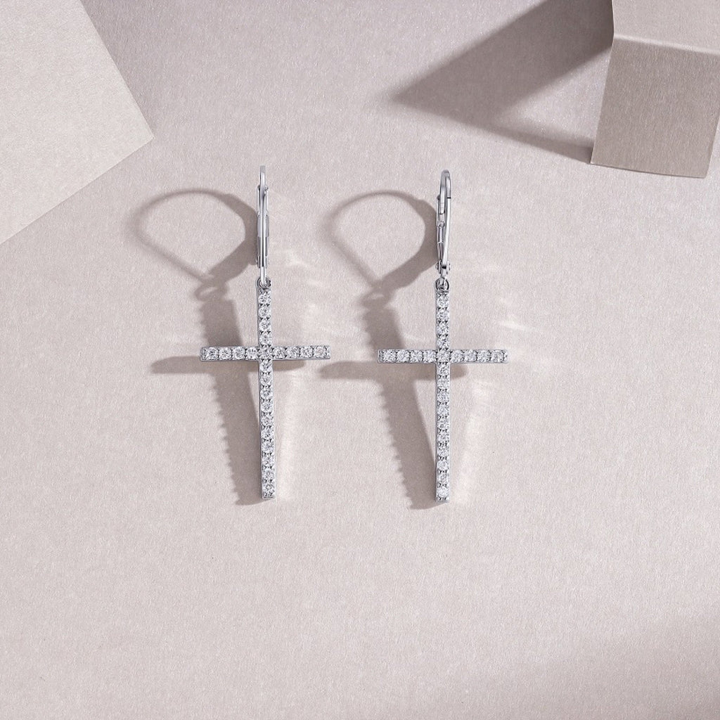 Arcanum Moissanite Cross Drop Earrings in Sterling Silver