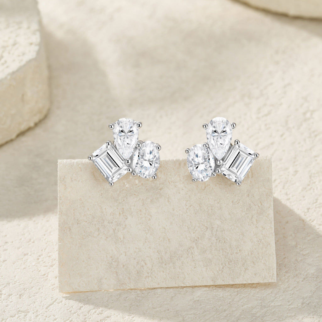 Melange Moissanite Cluster Stud Earrings in Sterling Silver