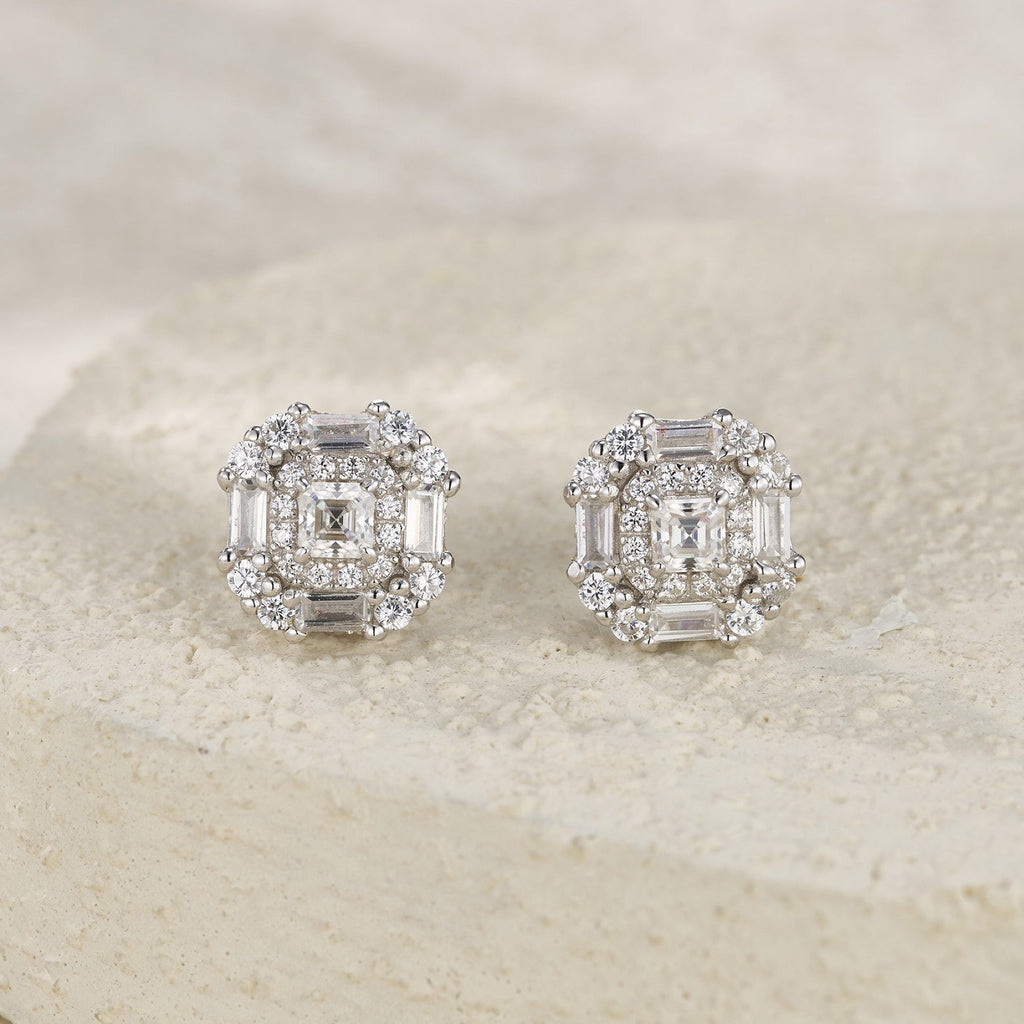 Palazzo Moissanite Halo Stud Earrings in Sterling Silver