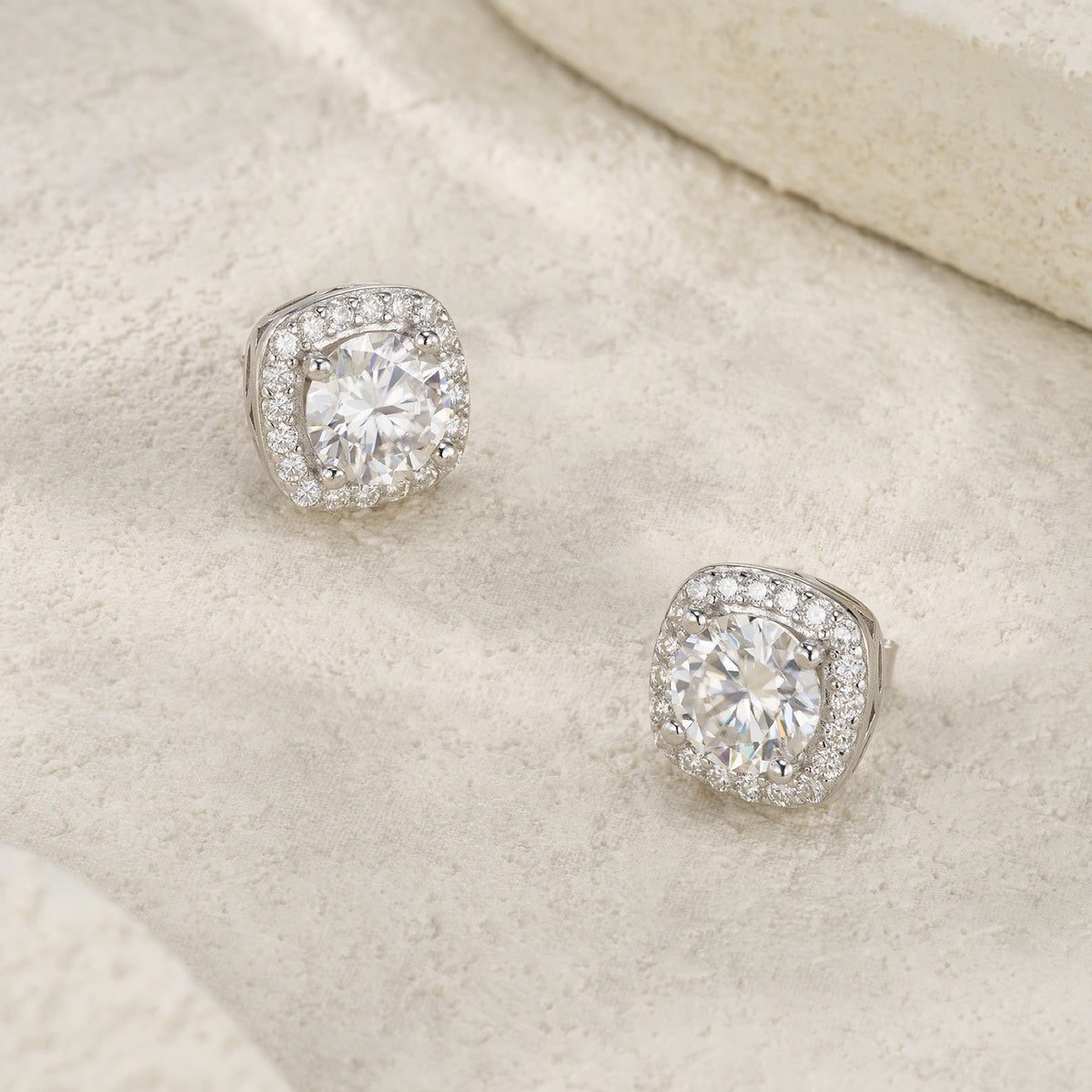 Reale 3 Carat Moissanite Halo Stud Earrings in Sterling Silver