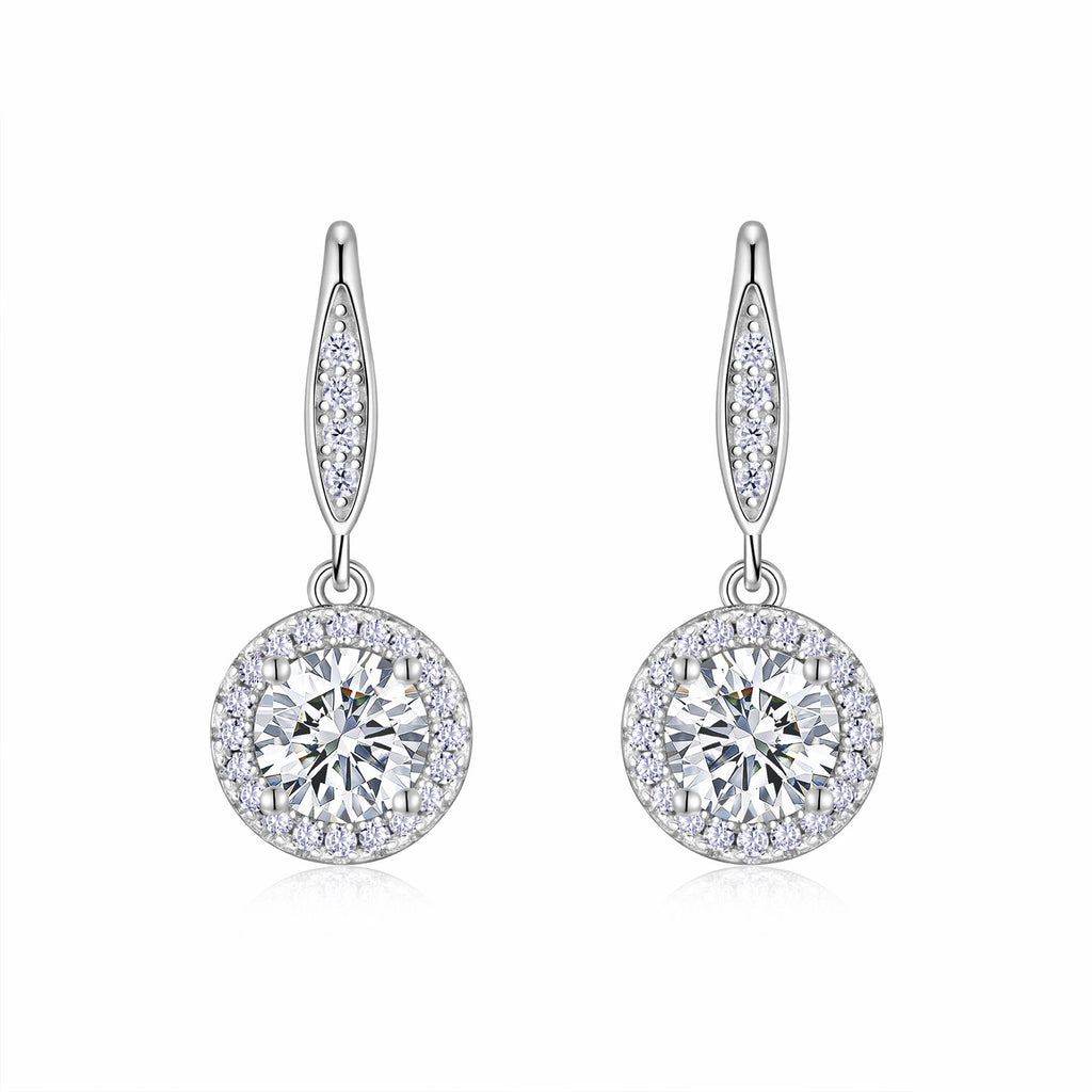 Aureola 1 Carat Moissanite Halo Drop Earrings in Sterling Silver