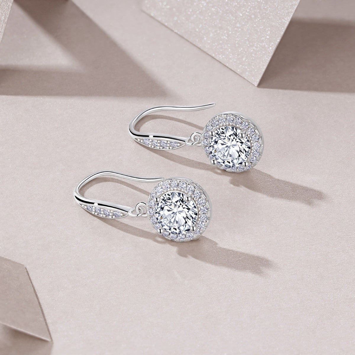 Aureola 1 Carat Moissanite Halo Drop Earrings in Sterling Silver