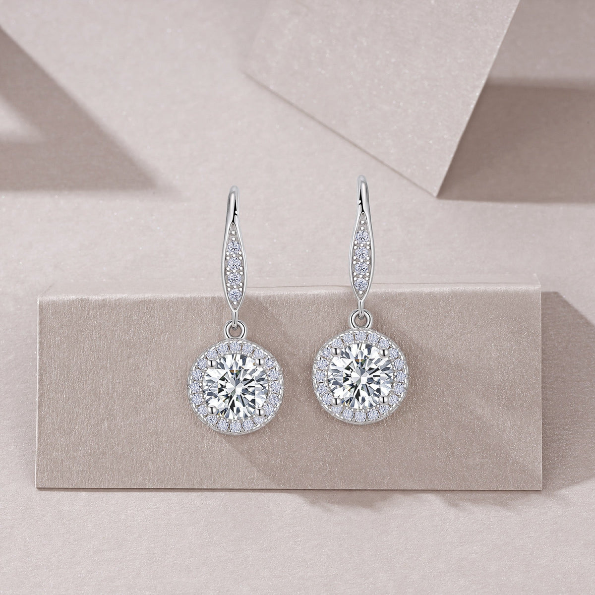 Aureola 1 Carat Moissanite Halo Drop Earrings in Sterling Silver