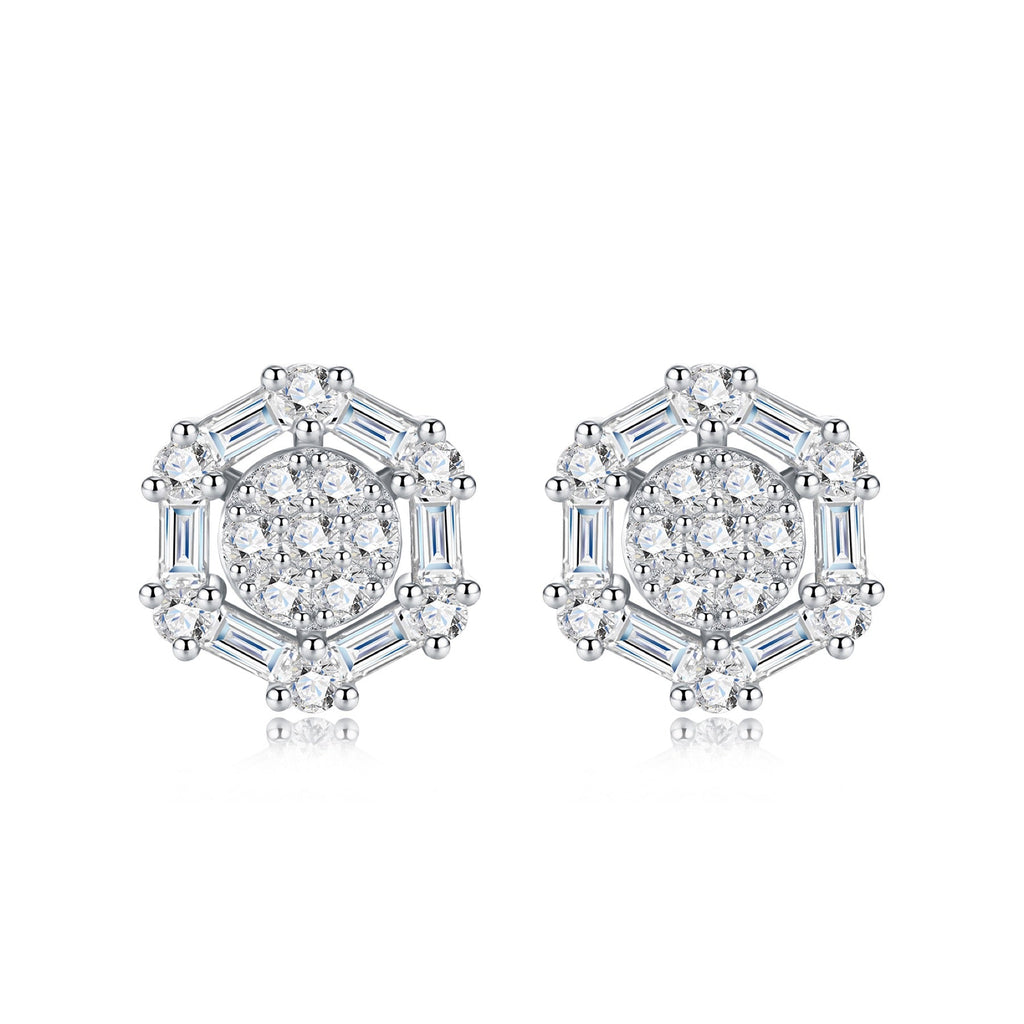 Esagono Moissanite Halo Stud Earrings in Sterling Silver