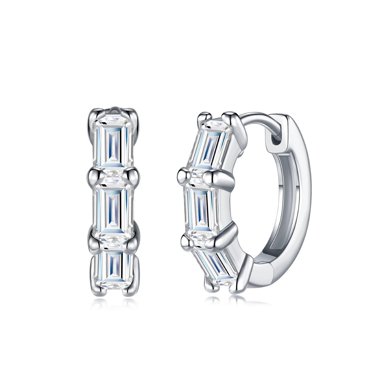 Tris Moissanite Huggie Hoop Earrings in Sterling Silver