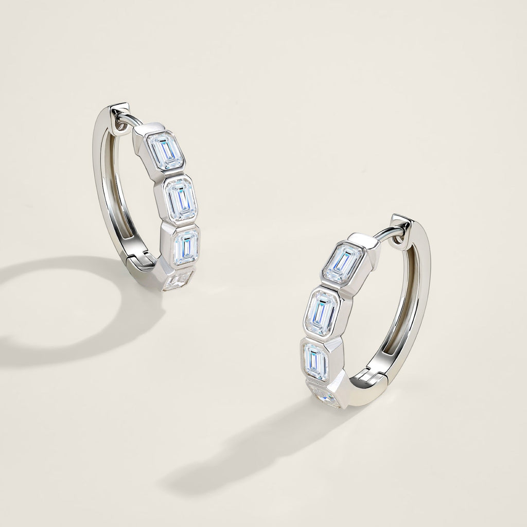 Baguetta Moissanite Huggie Hoop Earrings in Sterling Silver