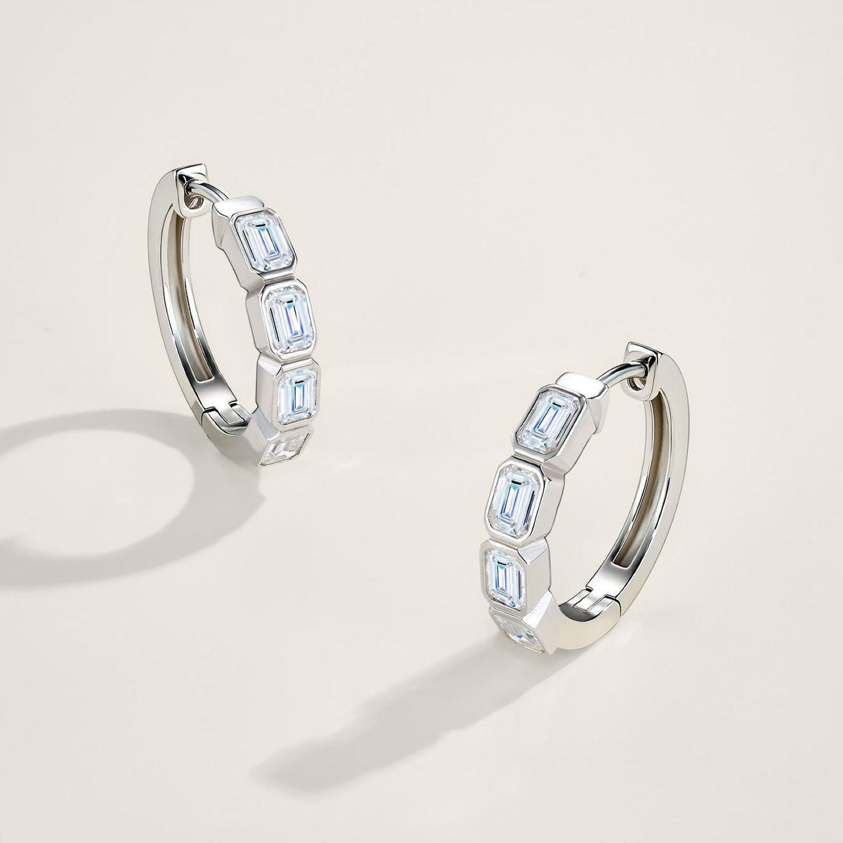 Baguetta Moissanite Huggie Hoop Earrings in Sterling Silver