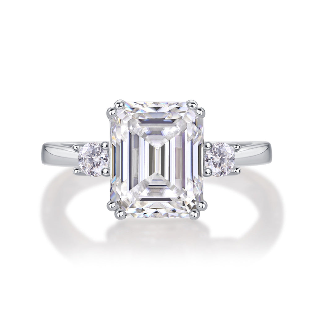Token Emerald-Cut Moissanite Three-Stone Ring in Sterling Silver