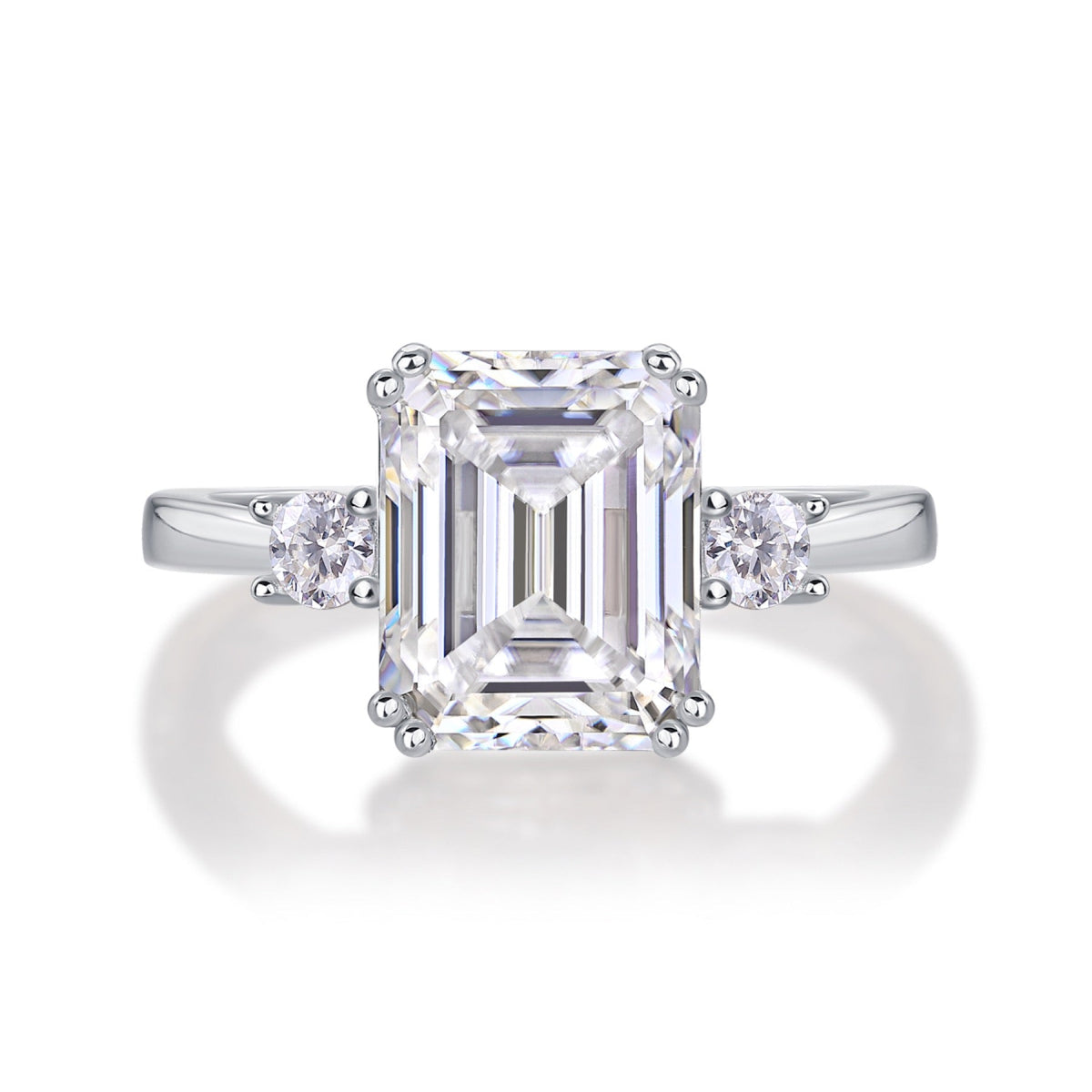Token Emerald-Cut Moissanite Three-Stone Ring in Sterling Silver