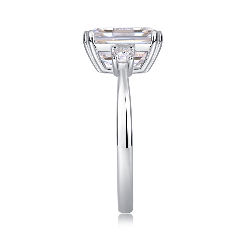 Token Emerald-Cut Moissanite Three-Stone Ring in Sterling Silver