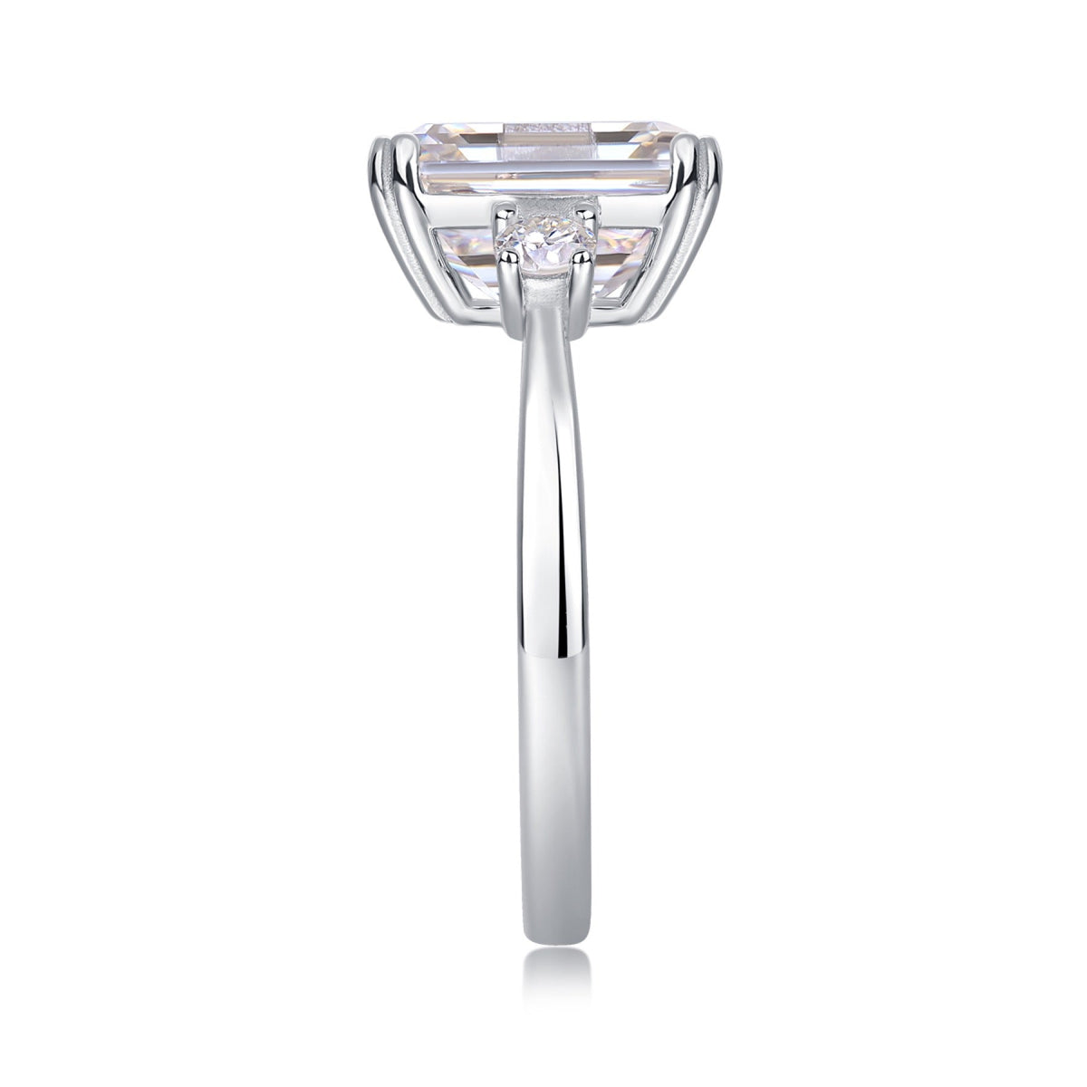 Token Emerald-Cut Moissanite Three-Stone Ring in Sterling Silver