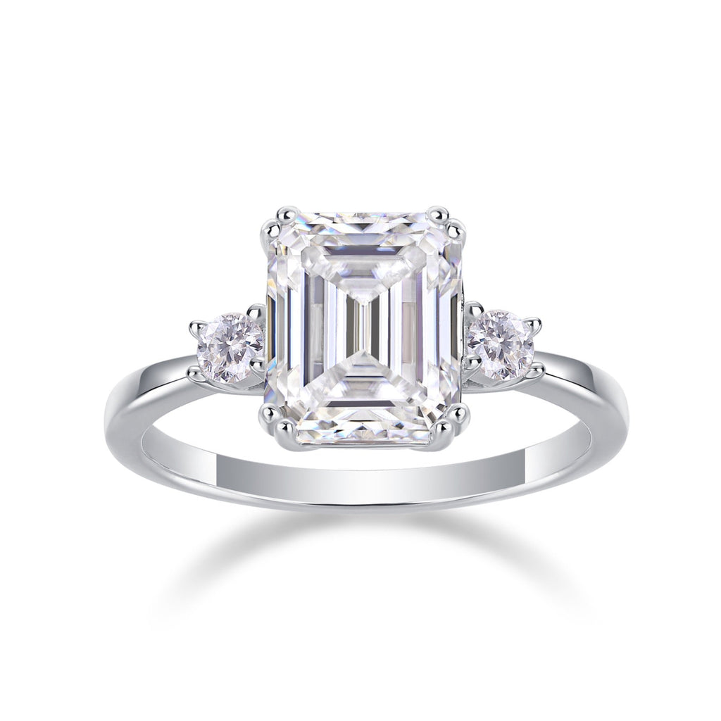 Token Emerald-Cut Moissanite Three-Stone Ring in Sterling Silver